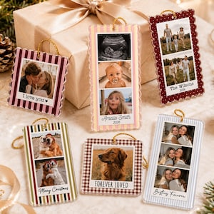 May include: Six rectangular and square acrylic ornaments with scalloped edges and gold hanging strings. Each features custom photo collages and text including I love you, Amelia Smith 2026, The Wilsons 2026, Merry Christmas, FOREVER LOVED, and Besties Forever.