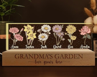 Mothers Day Gifts For Grandma, Customized Birthday Flower 3D LED Light, Grandma Garden With Kids Name Gifts, Gift For Nana From Grandkids