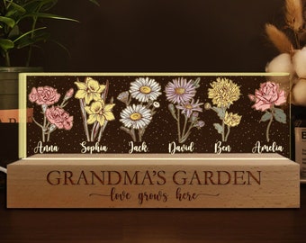 Mothers Day Gifts For Grandma, Customized Birthday Flower 3D LED Light, Grandma Garden With Kids Name Gifts, Gift For Nana From Grandkids