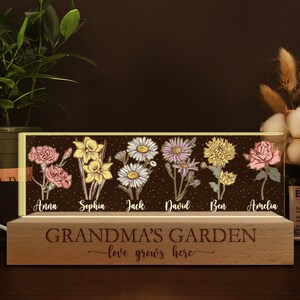 Mothers Day Gifts For Grandma, Customized Birthday Flower 3D LED Light, Grandma Garden With Kids Name Gifts, Gift For Nana From Grandkids