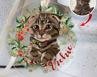 Personalized Cat Ornament with Photo & Name, Custom Cat Christmas Ornament, Custom Pet Ornament, Gift for Pet Lovers, Pet Memorial Ornament