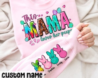 Personalized Mama With Kids Name Easter Sweatshirt, Custom Easter Mama With Kids Name On Sleeves Sweatshirt, Mama Easter Day Gift From Kids