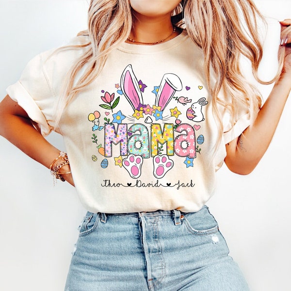 Custom Easter Bunny Mama With Kids Name Tshirt, Personalized Bunny Mama Easter Tshirt, Mama Easter Day Gift From Kids, Easter Gift For Mom