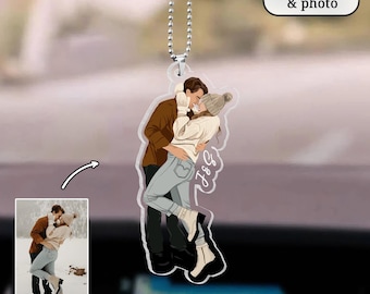Personalized Valentines Day Gift For Boyfriend: Custom Faceless Portrait Car Ornament, Anniversary Gifts For Him, Couples Photo Car Hanging