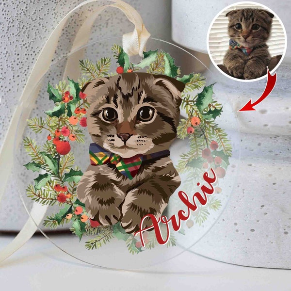 Personalized Cat Ornament with Photo & Name, Custom Cat Christmas Ornament, Custom Pet Ornament, Gift for Pet Lovers, Pet Memorial Ornament
