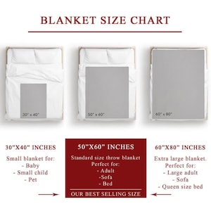 May include: A chart showing the different sizes of blankets available, with a diagram of each size on a bed. The sizes are 30" x 40", 50" x 60", and 60" x 80". The 50" x 60" size is labeled as the "Our Best Selling Size".
