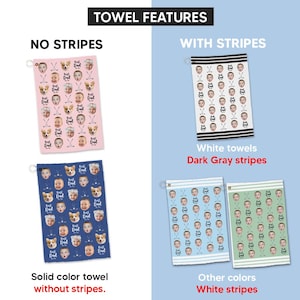 May include: Golf towels with personalized face designs and the text "Best Dad". The towels come in various colours, with and without stripes. The "Towel Features" are displayed on a light blue background.