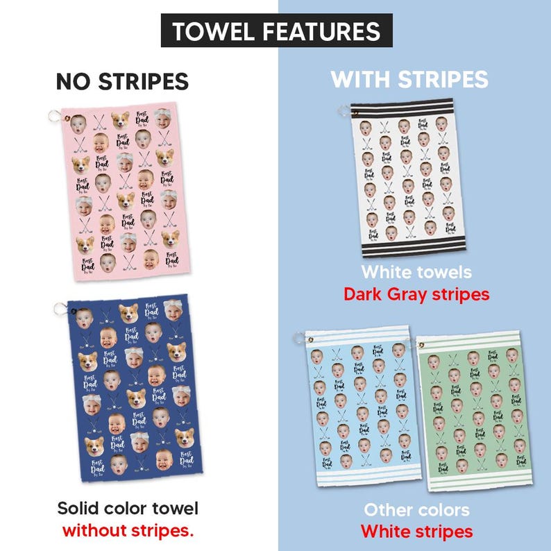 May include: Golf towels with personalized face designs and the text "Best Dad". The towels come in various colours, with and without stripes. The "Towel Features" are displayed on a light blue background.