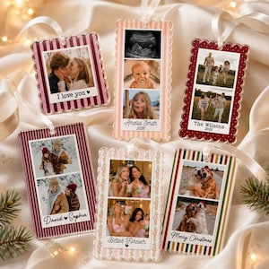 May include: Six rectangular acrylic ornaments with scalloped edges and white ribbon loops. Each features custom photo collages and text including 'I love you', 'Amelia Smith 2026', 'The Wilsons 2026', 'David & Sophia', 'Beties Forever', and 'Merry Christmas'.