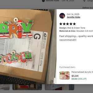 May include: Wooden Christmas ornaments spelling out "BRIX" and "SCOTCH" in red, green, and white. The ornaments are 3.5 inches in size and are placed on a cardboard box.