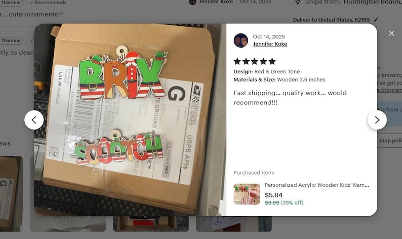 May include: Wooden Christmas ornaments spelling out "BRIX" and "SCOTCH" in red, green, and white. The ornaments are 3.5 inches in size and are placed on a cardboard box.