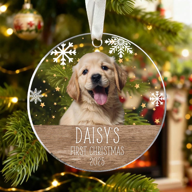 Personalized Dog Photo Ornament, Dog First Christmas Ornament, Puppy First Christmas, Custom Dog Ornament, Holiday Dog Gift, Dog Lovers Gift Acrylic