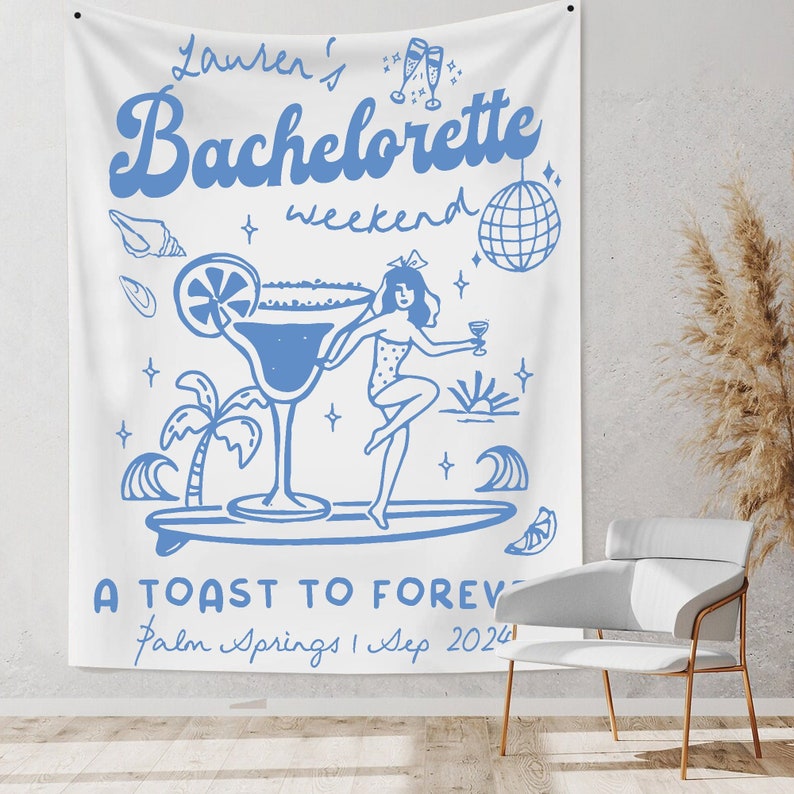 Bachelorette Party Decor, Coastal Bachelorette Weekend Backdrop, A Toast To Forever Bachelorette Party Banner, Beach Bachelorette Tapestry White