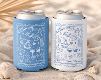 Personalized Beach Bachelorette Party Decor, Beach Party Can Cooler, Customized Location Bachelorette Can Cooler, Bridal Party Shower Favors