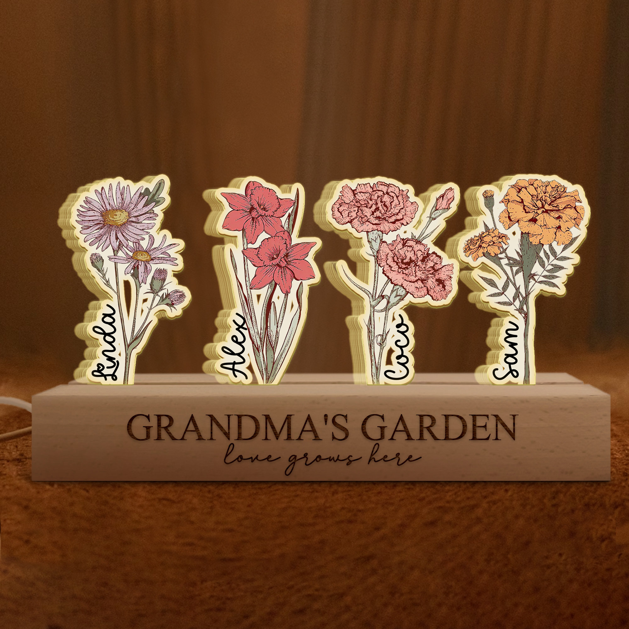 Mothers Day Gifts For Grandma, Customized Birthday Flower 3D LED Light, Grandma Garden With Kids Name Gifts, Gift From Grandkids, Nana Gifts