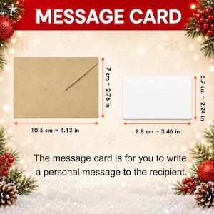 May include: A brown kraft paper envelope measuring 4.13 inches by 2.76 inches and a blank white rectangular message card measuring 3.46 inches by 2.24 inches, with text stating MESSAGE CARD and instructions for writing a personal message.