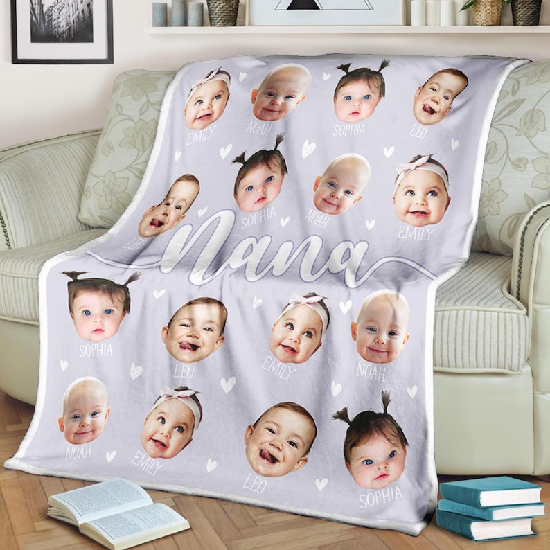 May include: A soft, gray fleece blanket with a white border and a large "Nana" inscription. The blanket features 14 photos of children with their names printed below each photo.
