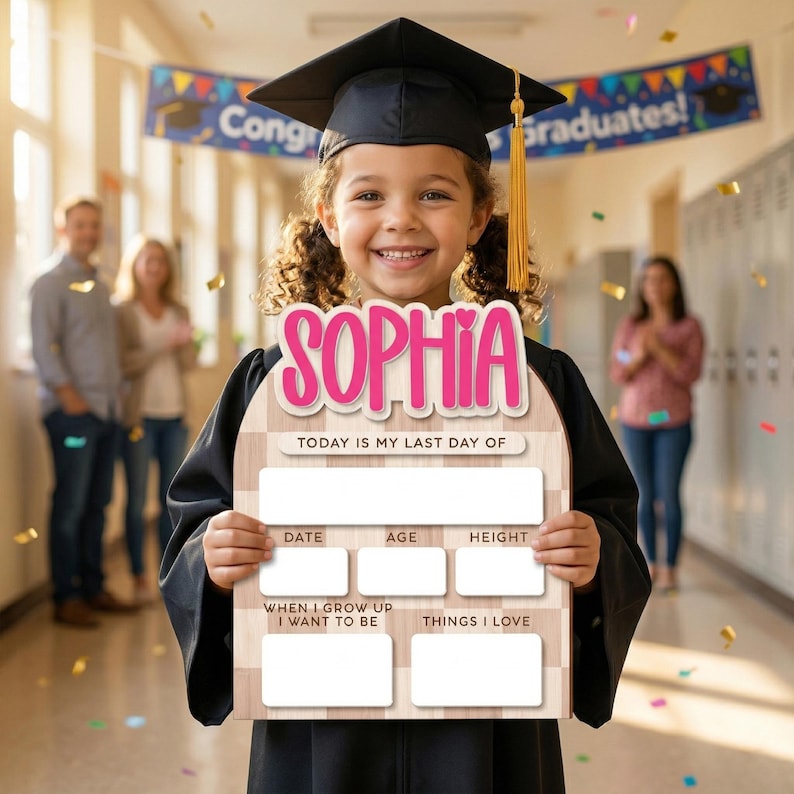 Op de afbeelding: Een houten foto-rekwisiet voor een diploma-uitreiking met de naam "SOPHIA" in roze. Het bord heeft ruimte om "TODAY IS MY LAST DAY OF", datum, leeftijd, lengte, "WHEN I GROW UP I WANT TO BE" en "THINGS I LOVE" op te schrijven. Het meisje draagt een afstudeerhoed en -jas.