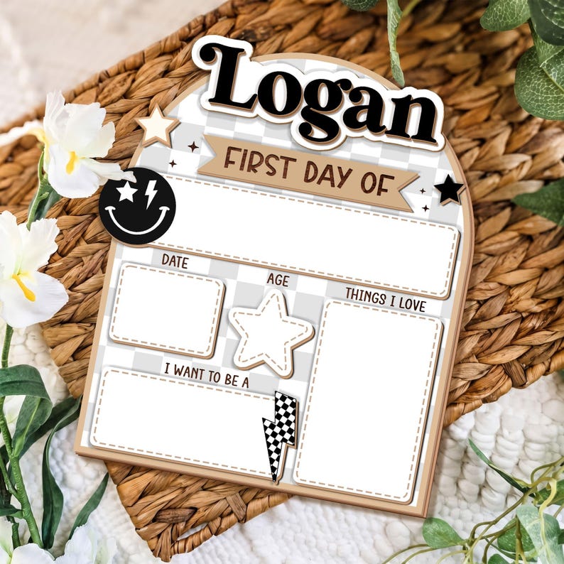 May include: An arched wooden sign featuring a gray and white checkered pattern with the name Logan in black script. It includes sections for date, age, things I love, and future career goals, decorated with a black smiley face and star icons.