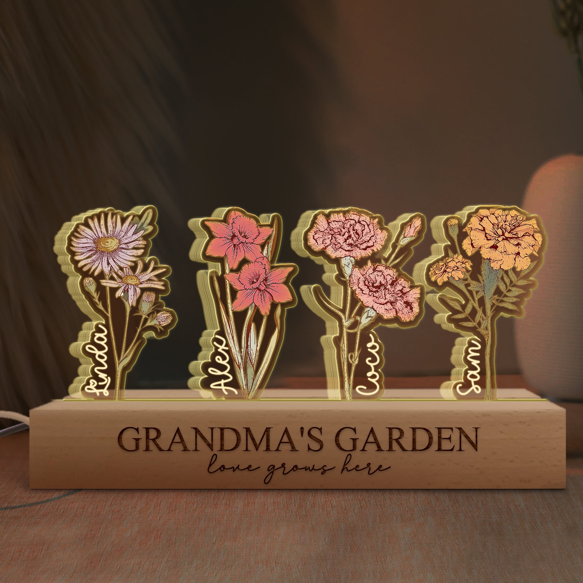 Mothers Day Gifts For Grandma, Customized Birthday Flower 3D LED Light, Grandma Garden With Kids Name Gifts, Gift From Grandkids, Nana Gifts