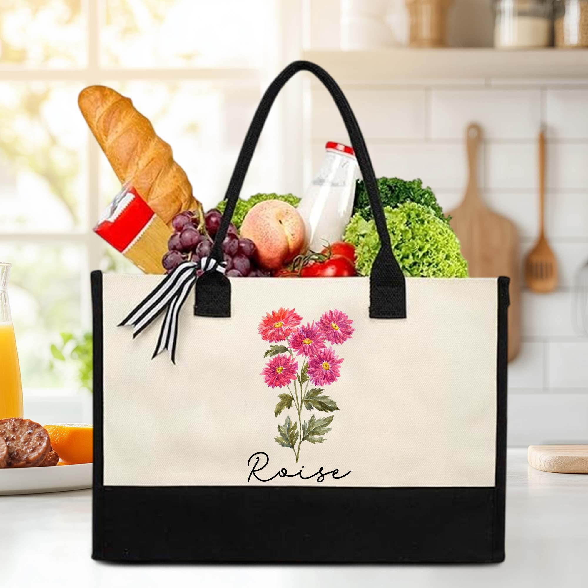 Discover Personalized Mother's Day Gift For Mom, Custom Birth Month Flowers With Name Canvas Tote Bag Gift For Grandma, Custom Makeup Bag For Woman