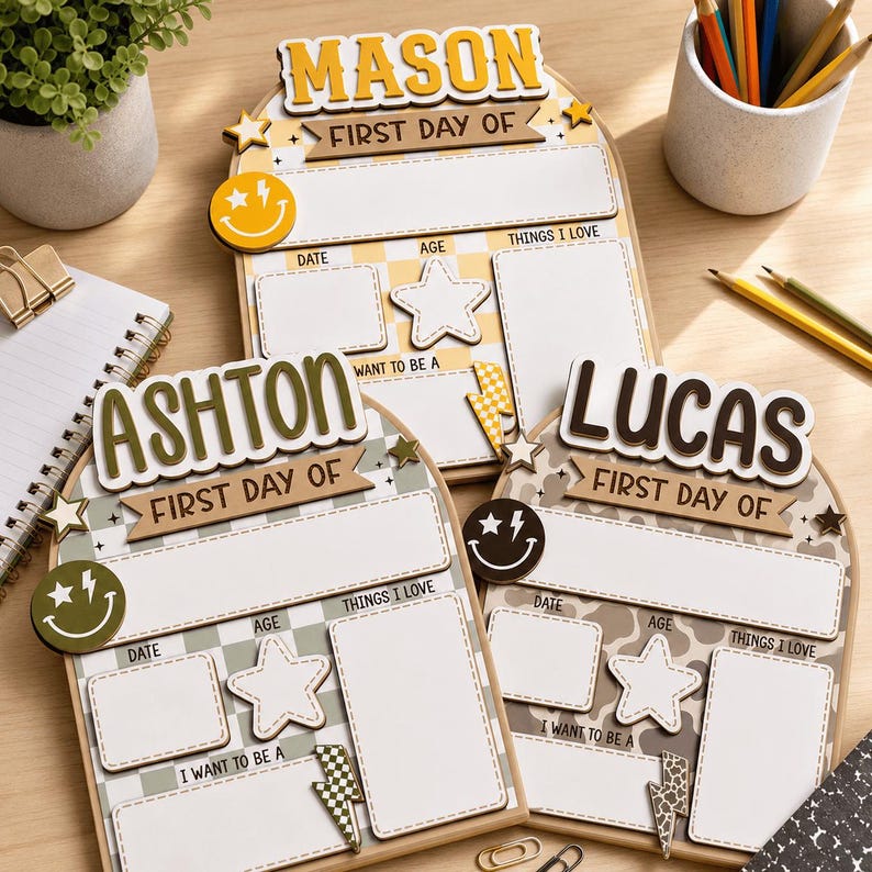 May include: Three arched wooden signs for a first day of school, personalized with the names Mason, Ashton, and Lucas. Each sign features a blank area for date, age, things I love, and future career goals, decorated with stars, lightning bolts, and smiley faces.
