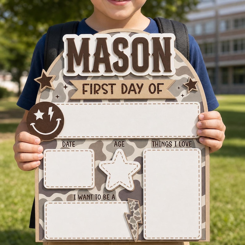 May include: An arched wooden sign with a brown and beige cow print pattern featuring the name MASON in large brown letters. The sign includes text reading FIRST DAY OF, DATE, AGE, THINGS I LOVE, and I WANT TO BE A, with blank spaces for writing.