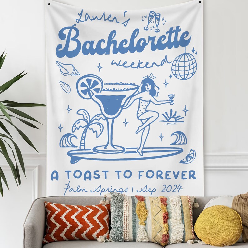 Bachelorette Party Decor, Coastal Bachelorette Weekend Backdrop, A Toast To Forever Bachelorette Party Banner, Beach Bachelorette Tapestry image 6