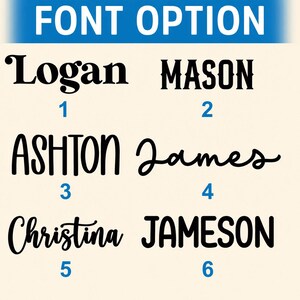 May include: A chart titled FONT OPTION displaying six numbered black text samples on a cream background. The names Logan, MASON, ASHTON, James, Christina, and JAMESON are presented in distinct black typefaces, each labeled with a blue number.