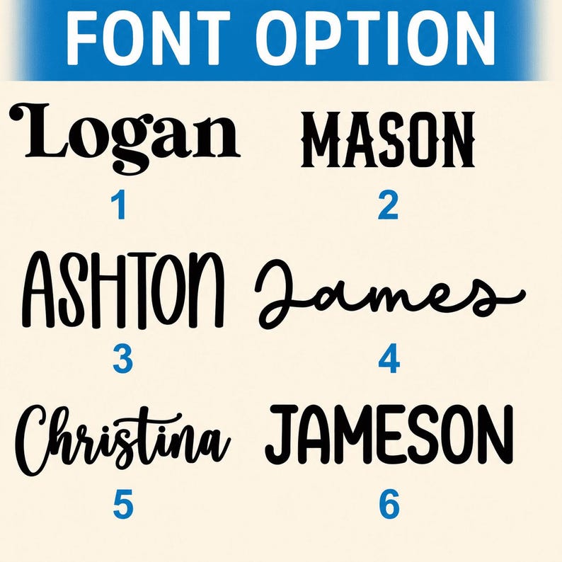 May include: A chart titled FONT OPTION displaying six numbered black text samples on a cream background. The names Logan, MASON, ASHTON, James, Christina, and JAMESON are presented in distinct black typefaces, each labeled with a blue number.