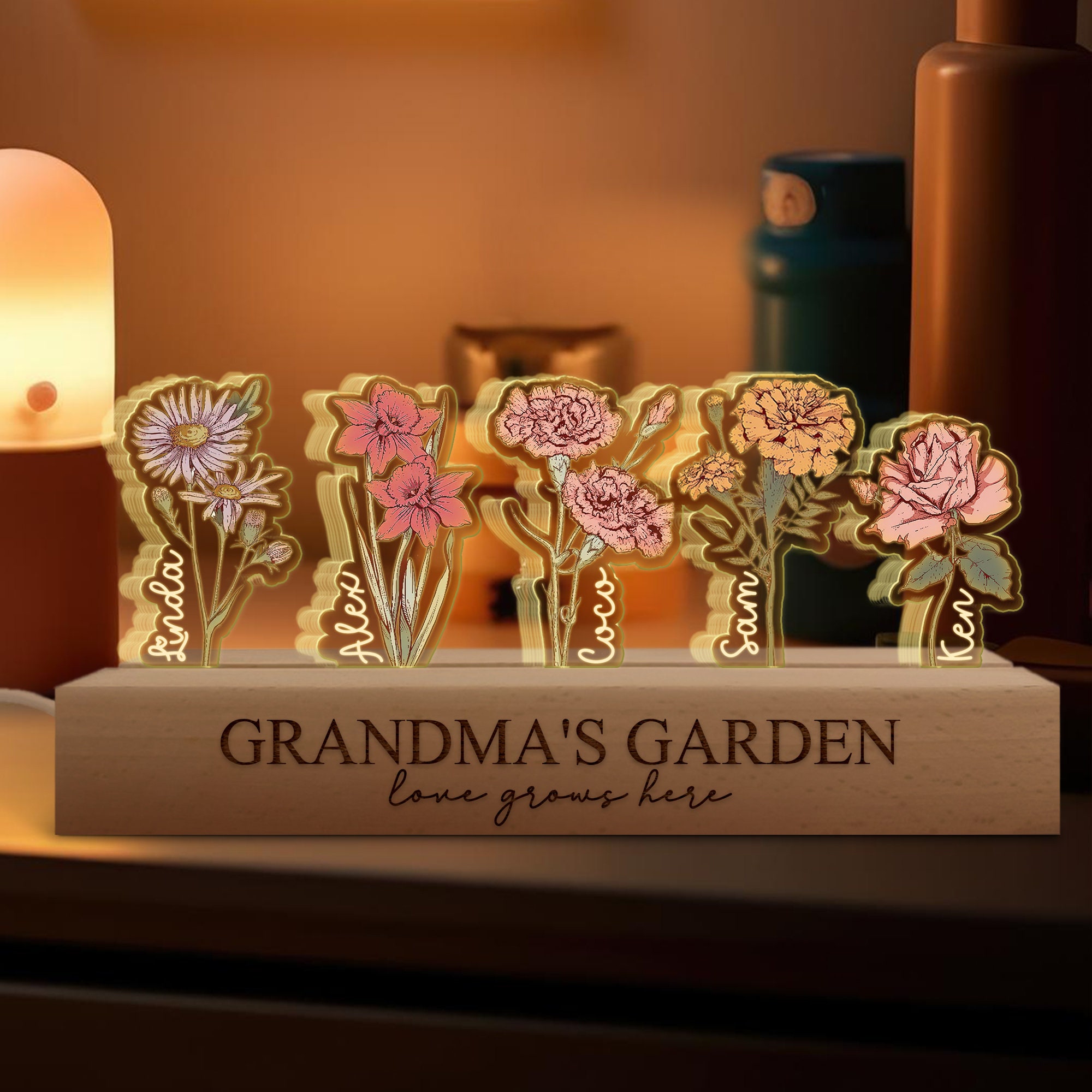 Mothers Day Gifts For Grandma, Customized Birthday Flower 3D LED Light, Grandma Garden With Kids Name Gifts, Gift From Grandkids, Nana Gifts