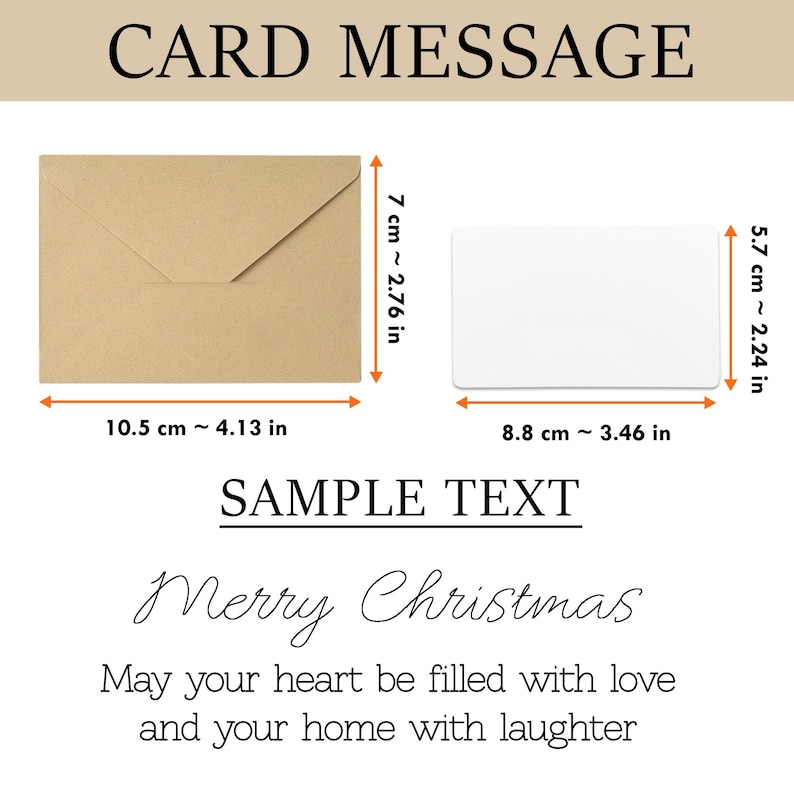 May include: A kraft paper envelope and a white card, with dimensions in inches and centimeters. The card measures 3.46 in x 2.24 in. The envelope is 4.13 in x 2.76 in. Text reads "Merry Christmas" and a holiday message.