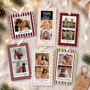 May include: Six rectangular hanging ornaments with scalloped edges, featuring personalized photo collages and text. Designs include striped and floral patterns in pink, red, maroon, and green, with white ribbons for hanging and various family photos.