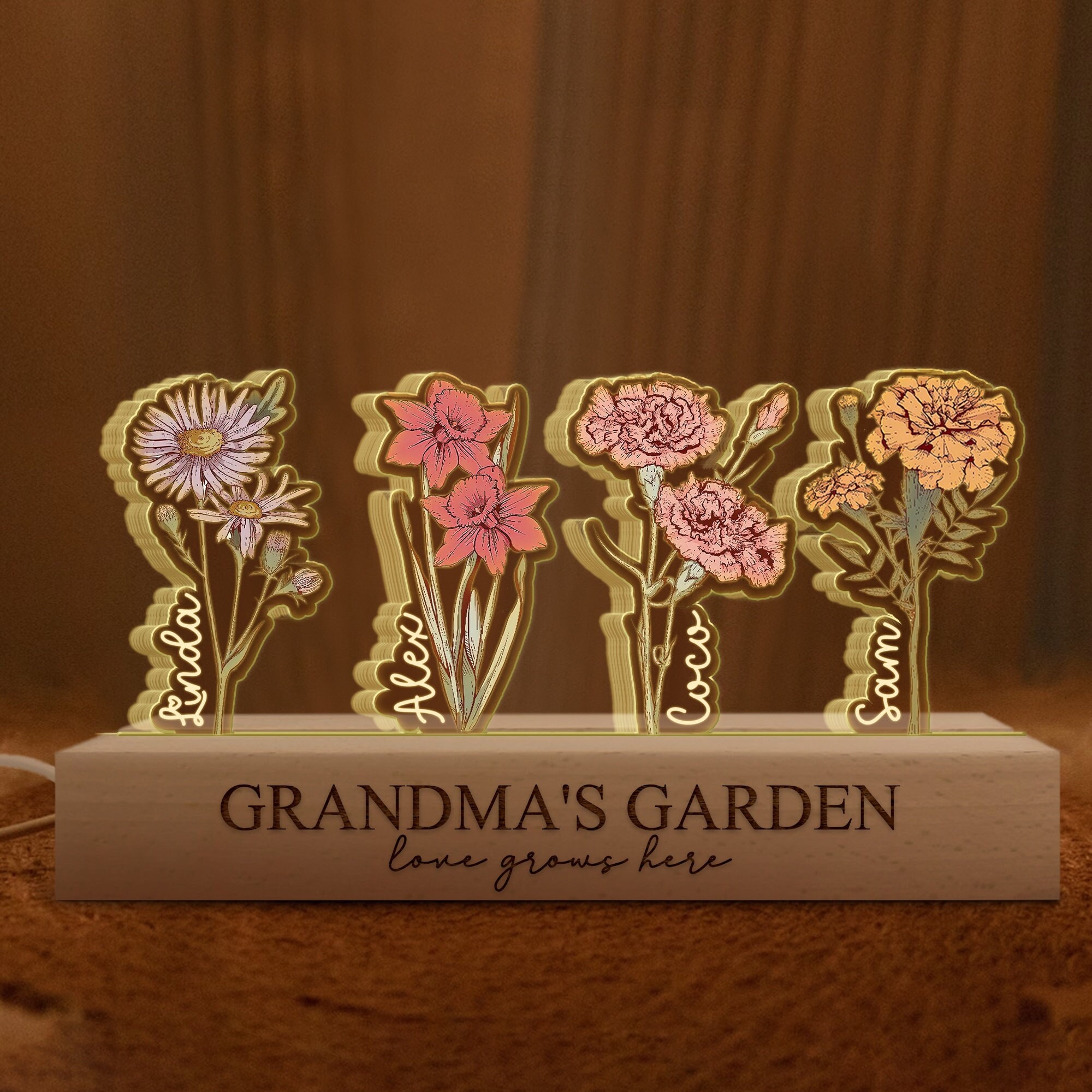 Mothers Day Gifts For Grandma, Customized Birthday Flower 3D LED Light, Grandma Garden With Kids Name Gifts, Gift From Grandkids, Nana Gifts