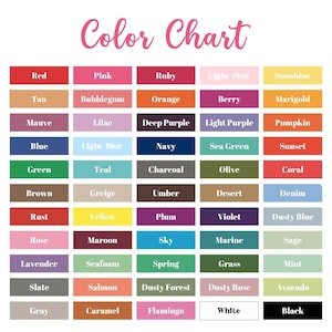 May include: A colour chart displaying a range of colour swatches, each with a corresponding name. The chart features hues such as red, pink, blue, green, yellow, and others. The title "Color Chart" is in a cursive font.