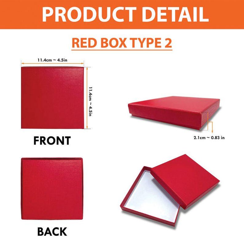 May include: Red box type 2, shown from multiple angles. The box is square, measuring approximately 4.5 inches on each side and 0.83 inches deep. The front and back views are shown, along with an open box.