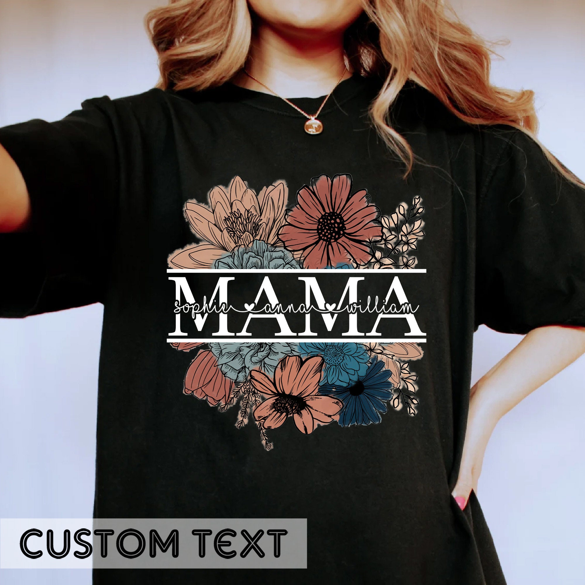 Floral Mama T-shirt, Custom Mom Shirt With Kids Names, Gift
