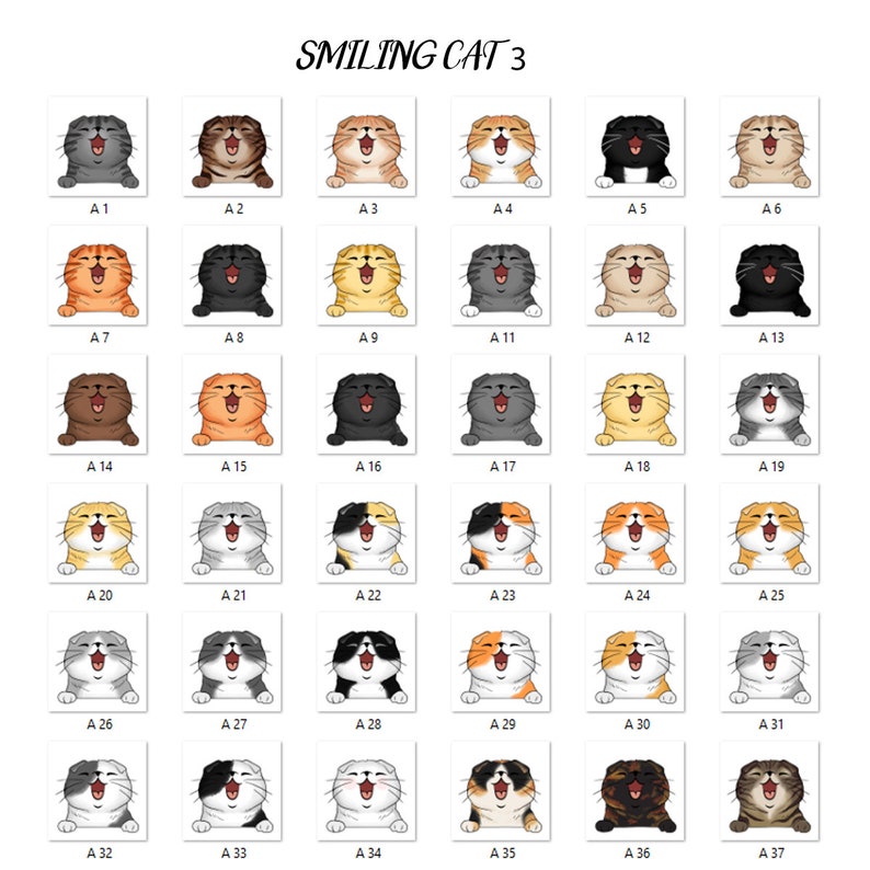 May include: A digital collage of 37 smiling cat illustrations. Each cat has a different color and pattern, including black, white, brown, orange, and gray. The cats are arranged in a grid with the letter 'A' and a number below each cat.