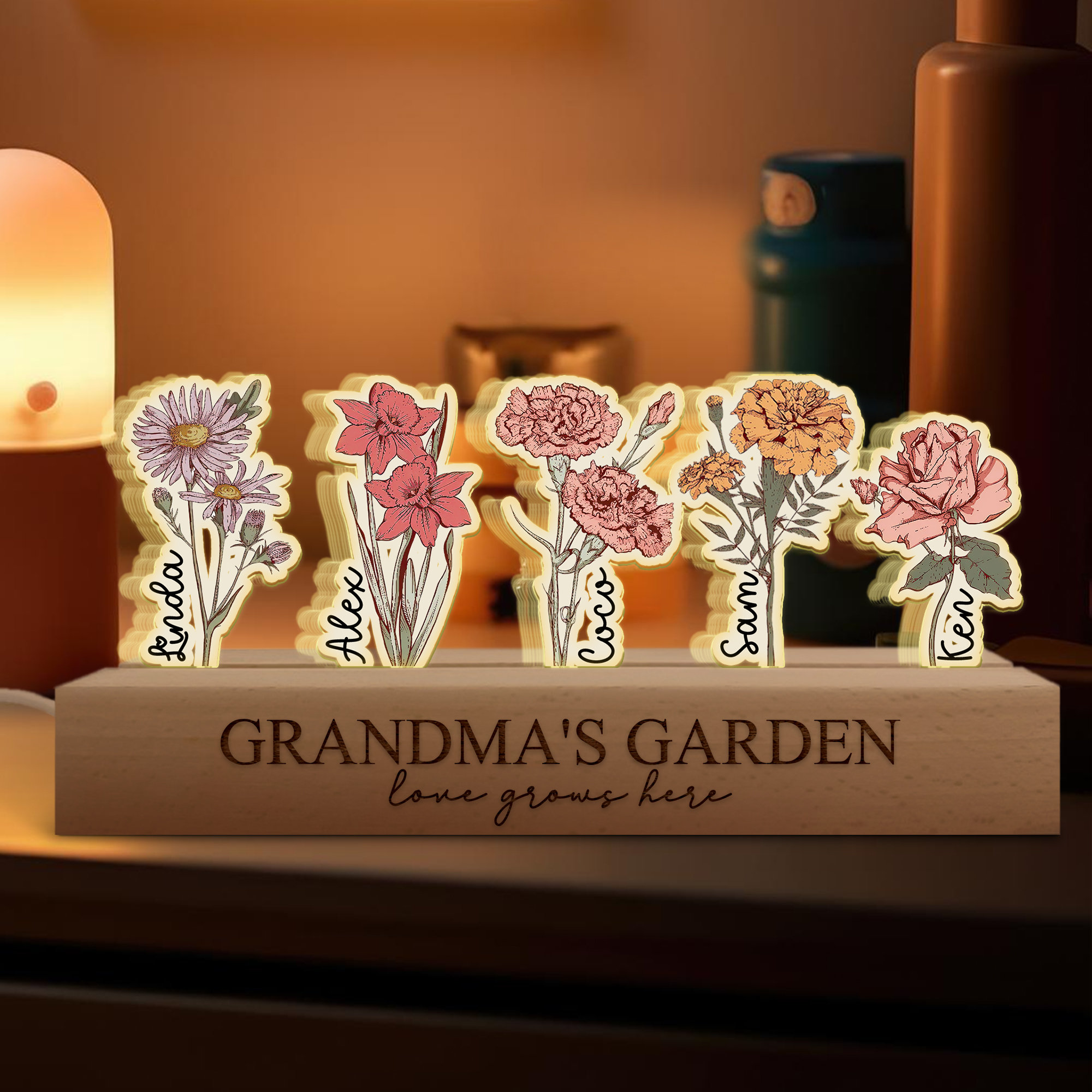 Mothers Day Gifts For Grandma, Customized Birthday Flower 3D LED Light, Grandma Garden With Kids Name Gifts, Gift From Grandkids, Nana Gifts