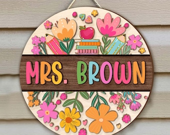 Personalized Teacher Door Sign, Floral Teacher Sign, Classroom Door Sign, Back To School Teacher Gift, Teacher Welcome Sign, Classroom Decor