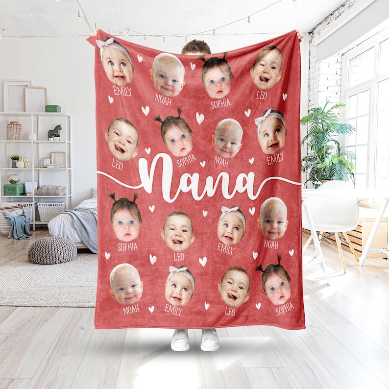 May include: A red fleece blanket with a white heart pattern and the word "Nana" in white lettering. The blanket features 16 photos of children with their names printed below each photo.
