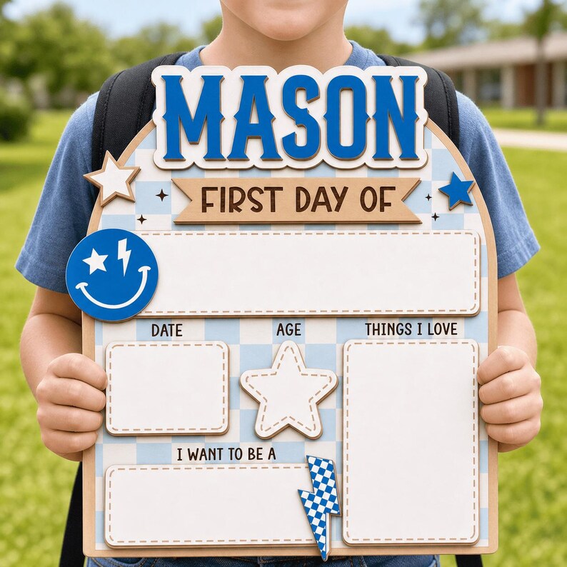 May include: An arched wooden sign with a light blue and white checkered pattern featuring the name MASON in large blue letters. The sign includes text fields for FIRST DAY OF, DATE, AGE, THINGS I LOVE, and I WANT TO BE A, with star and lightning bolt accents.