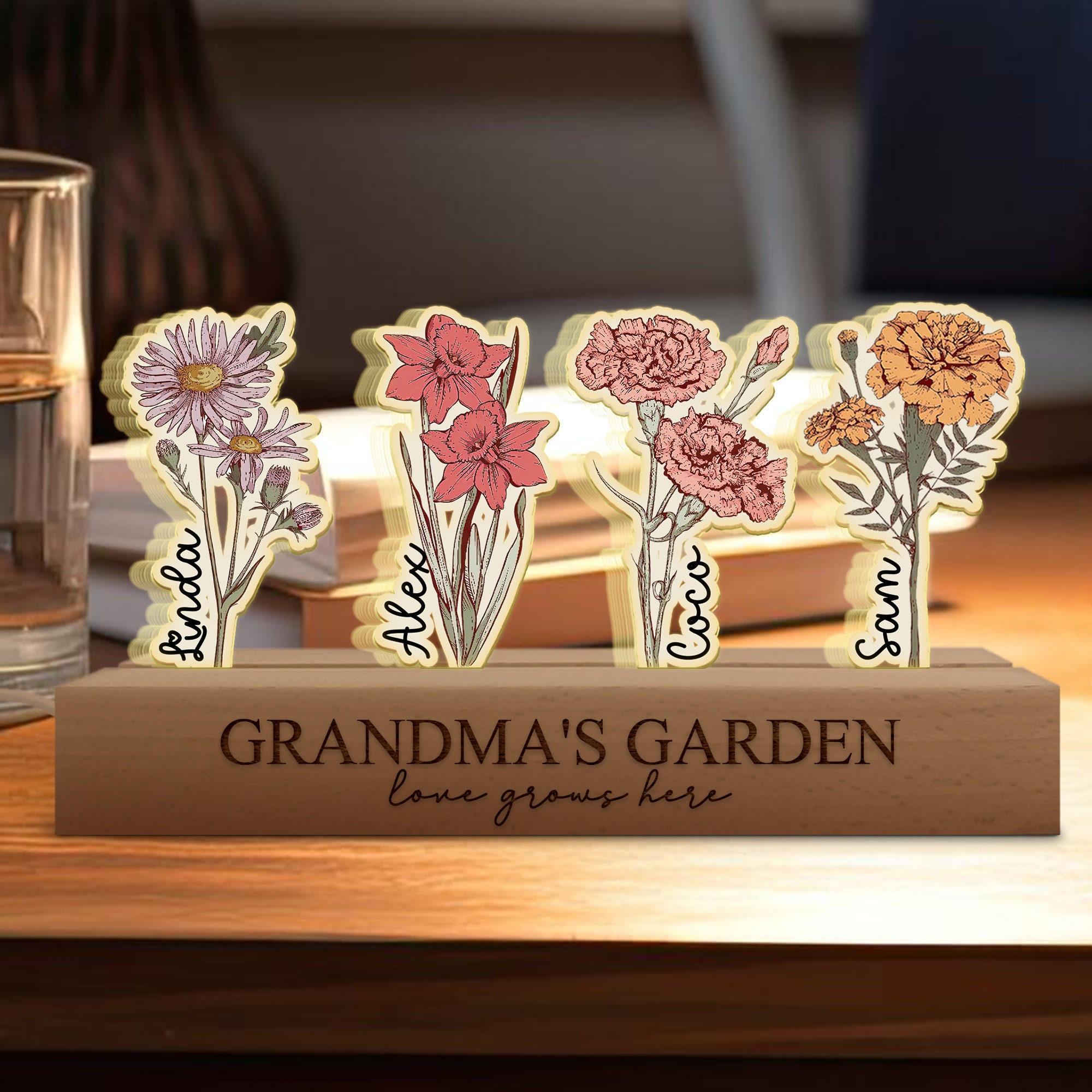 Mothers Day Gifts For Grandma, Customized Birthday Flower 3D LED Light, Grandma Garden With Kids Name Gifts, Gift From Grandkids, Nana Gifts