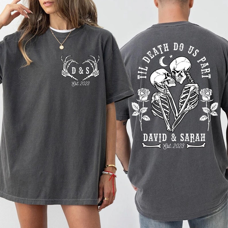 Personalized Skeleton Couple Comfort Colors Shirt, Halloween Engagement Shirt, Gift For Couple, Halloween Wedding Gift, Engaged Gothic Shirt