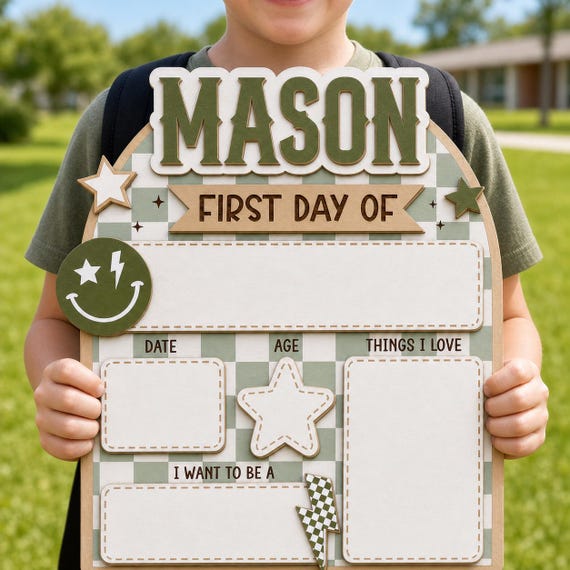 Personalized Checkered First Day Of School Sign, Boys Back To School Board Sign, Preschool Reusable Sign, 1st Day of School Photo Props