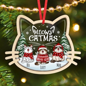 Personalized Cat Christmas Ornament, Meowy Christmas Ornament, Cat Lover Gift, Custom Cute Cat Head Ornament, Christmas Tree Decorations