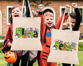 Personalized Halloween Tote Bag, Customized Halloween Name Bag, Trick or Treat Tote Bag, Halloween Treat Bags for Kids, Kids Halloween Bag