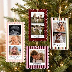 May include: Four rectangular hanging ornaments with scalloped or striped edges, each featuring personalized photo collages and text. The designs include family photos, a baby ultrasound, and pet portraits with printed names and dates like 2026.