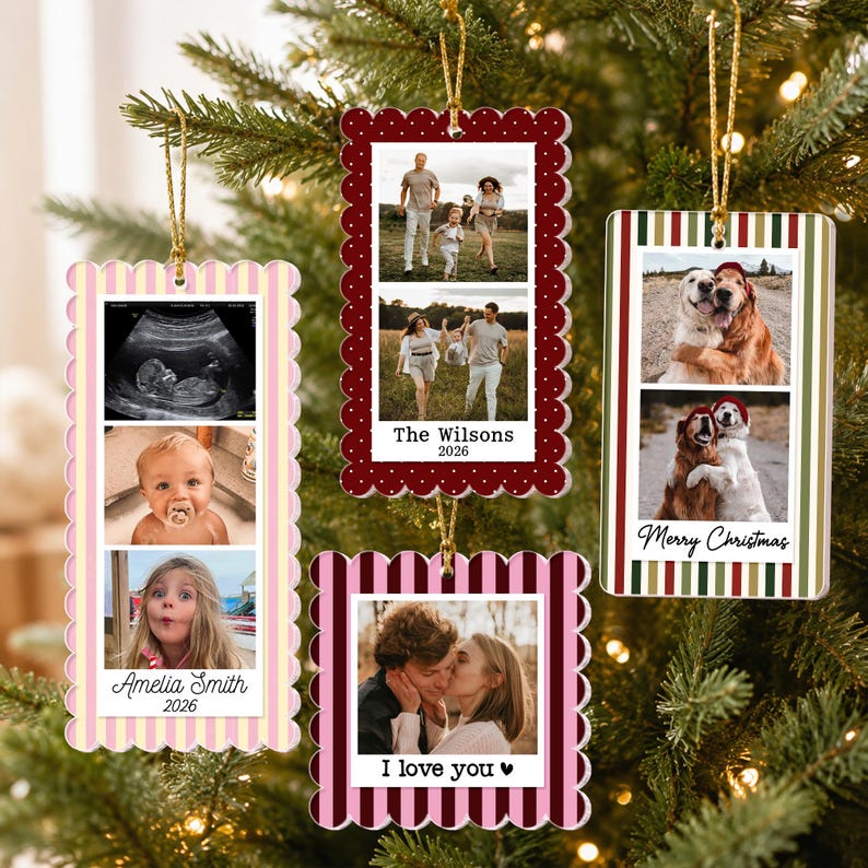 May include: Four rectangular hanging ornaments with scalloped or striped edges, each featuring personalized photo collages and text. The designs include family photos, a baby ultrasound, and pet portraits with printed names and dates like 2026.