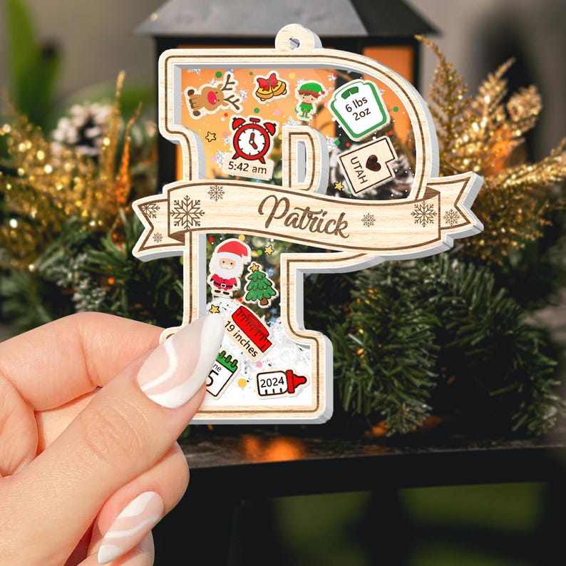 Personalized Alphabet Kids Name Ornament, Custom Baby Stats Christmas